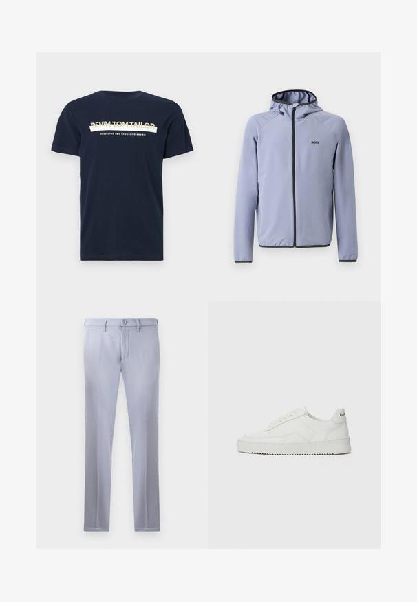 Světlomodrá bunda na zip s kapucí, vyrobená z hladké tkaniny. Obsahuje černé detaily podél zipu a lemu, s logem na hrudi.; Námořnická modrá bavlněná tričko s krátkým rukávem a kulatým výstřihem. Obsahuje bílý a zlatý text: "DENIM TOM TAILOR" a "založeno dva tisíce sedm".; Světle šedé kalhoty na míru vyrobené z hladké tkaniny, s knoflíkovým zapínáním, poutky na opasek a rovnou nohavicí. Žádné viditelné kapsy.; Bílé kožené tenisky s hladkým povrchem, kulatou špičkou, plochými tkaničkami a texturovanou podrážkou. Na patě se nachází nenápadné logo.