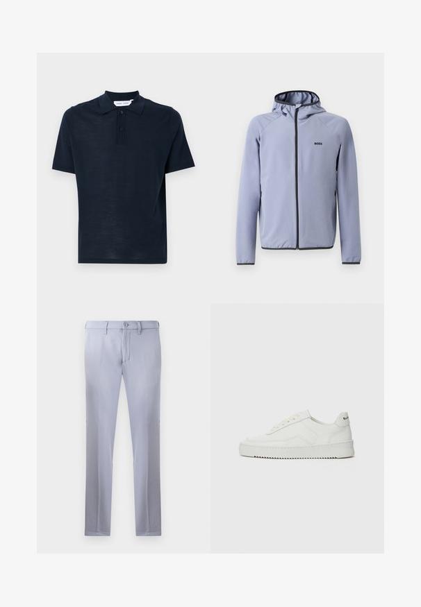 Világoskék, kapucnis, cipzáras dzseki sima anyagból. Fekete díszítéssel a cipzárnál és a szegélynél, mivel a mellekén logó található.; Sötétkék pólóing, puha anyagból készült, rövid ujjú, klasszikus gallérral, három gombos sorkkal és kényelmes szabással.; Világosszürke, sima anyagból készült, szabott nadrág, gombos záródással, övhunokkal és egyenes szárú kialakítással. Zsebek nem láthatók.; Fehér bőr sportcipő sima felülettel, kerek orral, lapos fűzőkkel és texturált talppal. Finom logó található a sarokon.