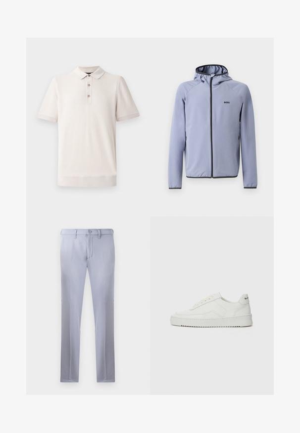 Svetlomodrá zipsová bunda s kapucňou, vyrobená z hladkej tkaniny. Obsahuje čierne akcenty pozdĺž zipsu a lemu, s logom na hrudi.; Polo tričko s krátkym rukávom v svetlej béžovej farbe, textúrovaný materiál s golierom a trojrozmerným zapínaním na gombíky; rebrované detaily na rukávoch a leme.; Svetlošedé nohavice na mieru vyrobené z hladkej tkaniny, so zapínaním na gombík, pútkami na opasok a strihom s rovnými nohavicami. Žiadne viditeľné vrecká.; Biele kožené tenisky s hladkým povrchom, okrúly špičkový dizajn, ploché šnúrky a textúrovaná podrážka. Obsahujú jemné logo na päte.