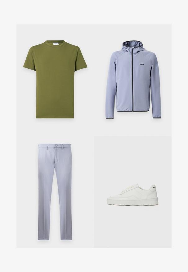 Light blue zip-up jacket with a hood, made of smooth fabric. Features black accents along the zipper and hem, with a logo on the chest.; Olive green short-sleeve t-shirt made of soft, smooth fabric. Classic crew neckline, clean lines, and no visible patterns or accents.; Light gray tailored trousers made of smooth fabric, featuring a button closure, belt loops, and straight-leg design. No pockets visible.; White leather sneaker with a smooth finish, round toe, flat laces, and a textured sole. Features a subtle logo on the heel.