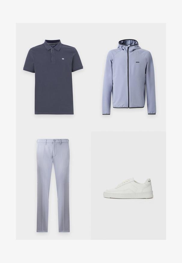Svetlomodrá zipsová bunda s kapucňou, vyrobená z hladkej tkaniny. Obsahuje čierne akcenty pozdĺž zipsu a lemu, s logom na hrudi.; Námornícka polo košeľa z bavlneného zmesi s dvoma gombíkmi, krátkymi rukávmi a malým vyšitým logom na ľavom prsníku.; Svetlošedé nohavice na mieru vyrobené z hladkej tkaniny, so zapínaním na gombík, pútkami na opasok a strihom s rovnými nohavicami. Žiadne viditeľné vrecká.; Biele kožené tenisky s hladkým povrchom, okrúly špičkový dizajn, ploché šnúrky a textúrovaná podrážka. Obsahujú jemné logo na päte.