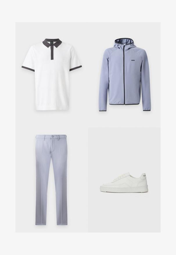 Lys blå hettejakke med glidelås, laget av glatt stoff. Har svarte detaljer langs glidelåsen og kanten, med en logo på brystet.; Hvit polo skjorte laget av teksturert stoff, med en mørkegrå krage og ermeakenter. Inkluderer en subtil brodert logo på brystet.; Lysegrå skreddersydde bukser laget av glatt stoff, med knappelukking, beltehemper og rett ben-design. Ingen lommer synlige.; Hvite lærersneakers med en jevn overflate, rund tå, flate lisser og en teksturert såle. Har en subtil logo på hælen.