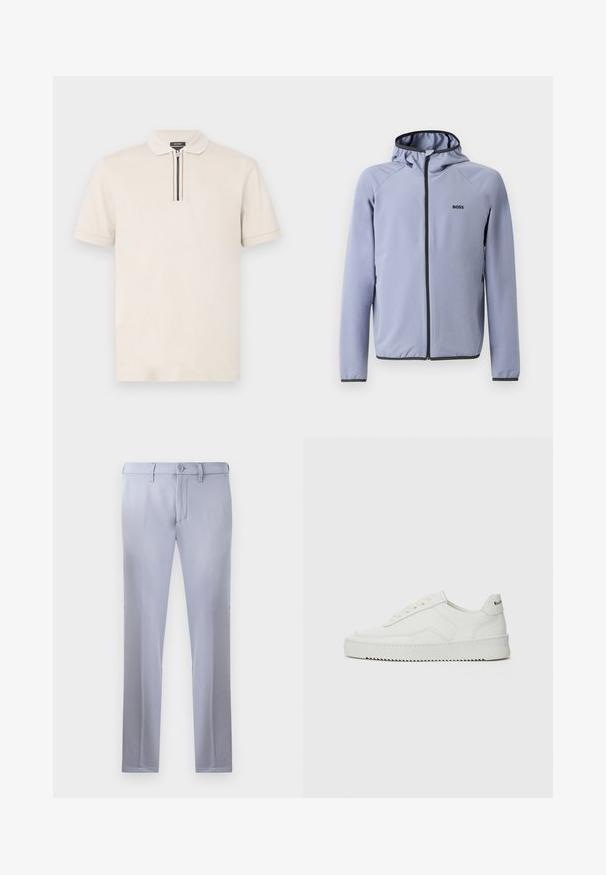 Lys blå hettejakke med glidelås, laget av glatt stoff. Har svarte detaljer langs glidelåsen og kanten, med en logo på brystet.; Kremfarget kortermet polo skjorte med spiss krage, med glidelås foran og svarte og hvite striper, laget av teksturert stoff.; Lysegrå skreddersydde bukser laget av glatt stoff, med knappelukking, beltehemper og rett ben-design. Ingen lommer synlige.; Hvite lærersneakers med en jevn overflate, rund tå, flate lisser og en teksturert såle. Har en subtil logo på hælen.