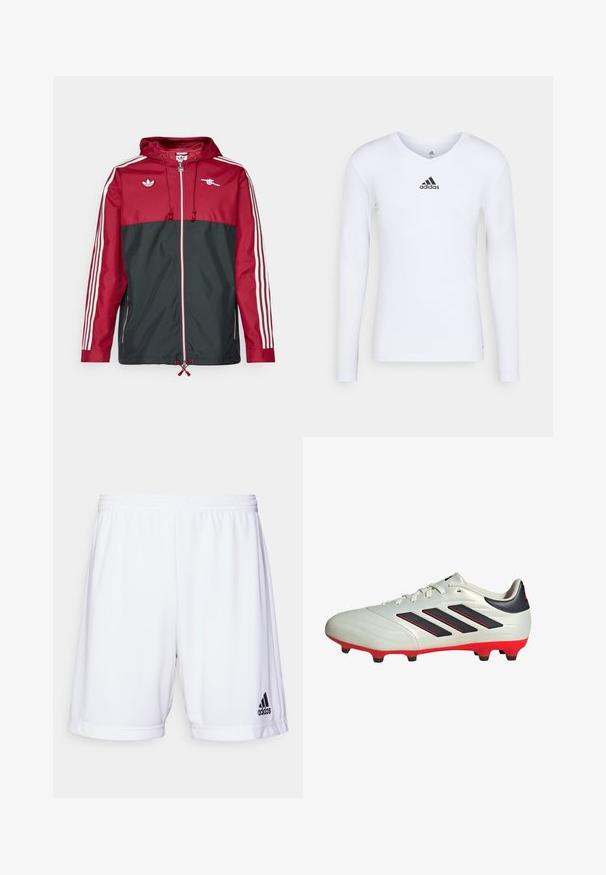 adidas Originals ARSENAL FC ICON PARKA - Equipación de clubes - team coll burgundy /black; Camiseta deportiva de manga larga blanca, fabricada con material suave, que presenta un logo negro de Adidas en el pecho; diseño de cuello en V y forma ajustada.; Bermudas deportivas blancas con una cintura elástica, fabricadas con un tejido suave. Presenta un logo negro de Adidas en la parte inferior izquierda.; Botas de fútbol blancas con acentos negros y suela roja. Presentan tres rayas negras en el lateral y una parte superior de textura suave.