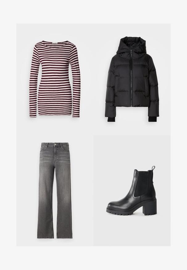 Svart pufferjakke med høy krage, glidelås, sidelommer og ribbede mansjetter. Det quiltede designet gir tekstur og isolasjon.; Langermet skjorte med båtformet hals, med horisontale maroon og hvite striper. Mykt, lett stoff med en figursydd fasong.; Mellomhøye grå denim vid ben med subtil falming, klassisk fem-lommers design og metallknapp-lukking. Vanlig buksebenlengde.; Svart lær ankelstøvel med en kraftig hæl, elastiske sidepaneler og en løftestrop bak. Teksturert såle for bedre grep.