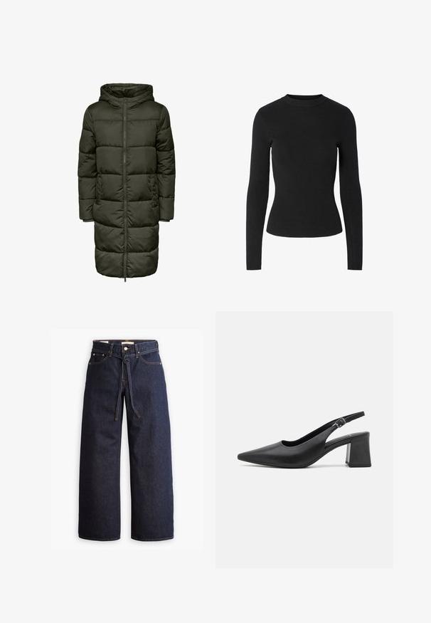 Pufains garais mētelis tumši zaļā krāsā, ar kapuci, ar rāvējslēdzēja aizdari un elastīgām piedurknēm. Izgatavots no izolējoša materiāla, nodrošinot siltumu un komfortu.; Melns ribots džemperis ar garām piedurknēm un apaļu izgriezumu, pieguloša silueta, ar gludu tekstūru visā virsmā.; Plati zili džinsi ar augstu jostasvietu, ar šnaukaša saišu, piecām kabatām un kontrastējošiem šuvju akcentiem.; Melnas ādas sadalītās augstpapēžu kurpes ar smailo purngalu un masīvu bloka papēdi. Iekļauta regulējama siksna ar metālisku sprādzi.