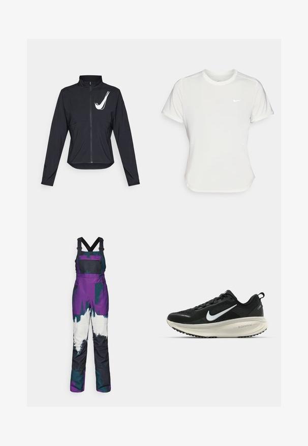 Svart jakke med glidelås laget av glatt stoff, med høy krage og lange ermer. En hvit logo er plassert på øvre venstre side.; Nike T-skjorte i hvit, kortermet, rund hals, laget av et glatt og lett materiale. Har en subtil logo på brystet.; Lilla og teal snøoveraller med justerbare svarte stropper, med en brystlomme, dristige fargeblokker og et vanntett design.; Svart Nike løpesko med pustende mesh-overdel, hvit swoosh-logo, teksturert detaljer og en kremfarget ZoomX mellomsåle.