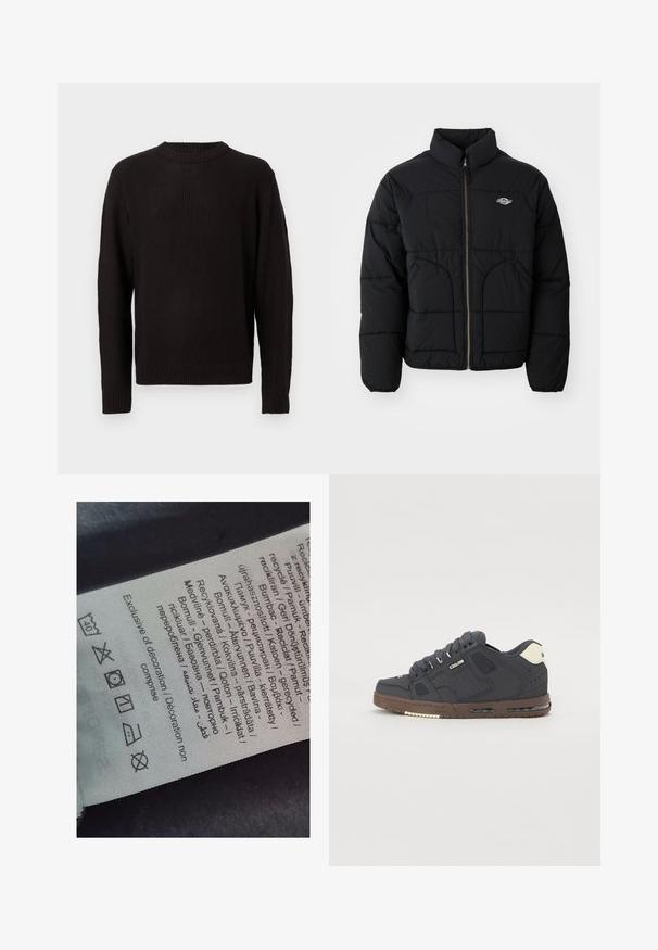 Zwarte pufferjack met een hoge kraag, ritssluiting aan de voorkant en een quilted ontwerp. Heeft twee zakken aan de voorkant en een logo op de borst.; Zwarte gebreide trui met ronde halslijn, textuurstof, geribde manchetten en zoom, met een losse pasvorm en lange mouwen.; Label tag met meertalige tekst, zorgsymbolen en recyclingiconen, gedrukt op een zacht textielachtig materiaal in een lichte kleur.; Marine sneaker met een getextureerde bovenkant, gevoerde kraag en een bruine rubberen zool. Heeft lichte accenten en geperforeerde zijpanelen voor ventilatie.