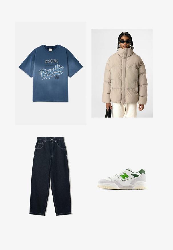 Veste matelassée beige avec col haut, surpiqûres horizontales et deux poches avant. Le mannequin porte des lunettes de soleil noires et tient une sangle noire.; T-shirt en coton bleu avec col rond, manches courtes, et texte graphique sur le devant : "KSUBI ÉTABLI Royalty 1999 JAMAIS."; Jean en denim foncé à jambes larges avec des coutures blanches contrastées, cinq poches et une fermeture bouton. Présente un design taille haute.; Baskets blanches avec des accents verts, fabriquées en cuir et en daim. Caractéristiques d'un dessus texturé, d'un col rembourré et d'une semelle en caoutchouc avec un motif visible.