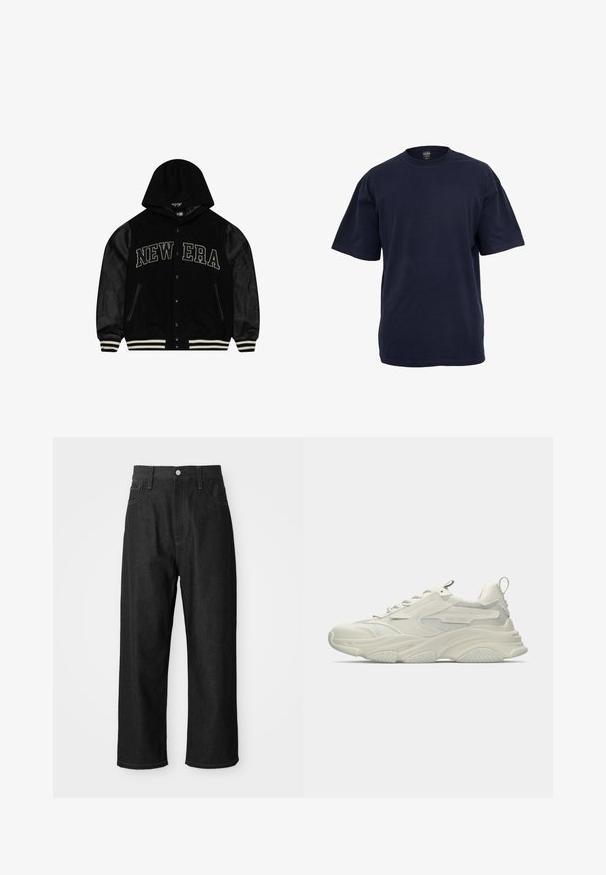 Must mustertikaga must jakk; kangas koosneb sametisest kehast, nahkvarrukatest ja triibulistest ribakätistest. "NEW ERA" kontrastsete tähtedega rinna kohal.; Tumesinine puuvillane T-särk lühikeste varrukatega, ümmarguse kaelusega ja mugava lõikega. Sile tekstuur, nähtavate mustrite või aktsentideta.; Mustad teksad, millel on mugav lõige, kõrge talje, tõmblukk ja viie tasku disain. Silmatorkavad õmblused üle kogu.; Valge turske tennis鞋, millel on paks tald, võrgupaneelid, nöörimissüsteem ja kandetõmbeosa, nähtud välisküljelt.