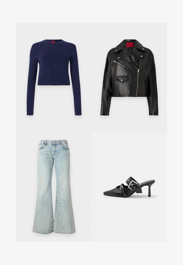 Mustast nahast lühike jakk, millel on laiad kraed, asümmeetriline esimine tõmblukk ja kaks tõmblukuga taskut, sisepoolt punase logo sildiga.; Tumesinine lühikeste varrukate crop-top pehmest kangast, millel on ümar kaelus ja reljeefne logo rindkeres.; Heledad sinised flared teksad, mis on valmistatud denimist, kõrge vöökoha, taskute ja kulunud äärtega. Kangas näitab tuhmumist ja peent tekstuuri.; Mustad mustad kõrged kontsad, terava toe ja siledast nahast. Omab laia pahkluu rihma ruudukujulise hõbedase klambri ja nurgakujuliste naeltega.