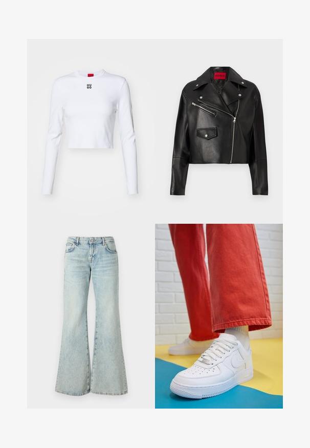 Zwarte leren cropped jas met brede revers, asymmetrische voorrits en twee ritssluitingen, met een rood logo label aan de binnenkant.; Witte langesoepele crop top van katoen, met een ronde hals en een klein zwart "HUGO" logo op de borst. Gladde textuur met een aansluitend ontwerp.; Lichtblauwe flared jeans van denim, met een hoge taille, zakken en rafelige zomen. De stof heeft een vervaagde wassing en een subtiele textuur.; Witte leren sneaker met geperforeerde teenbox, gestructureerde zool en witte veters, gecombineerd met wijde rode broeken en een blauw-geel achtergrond.