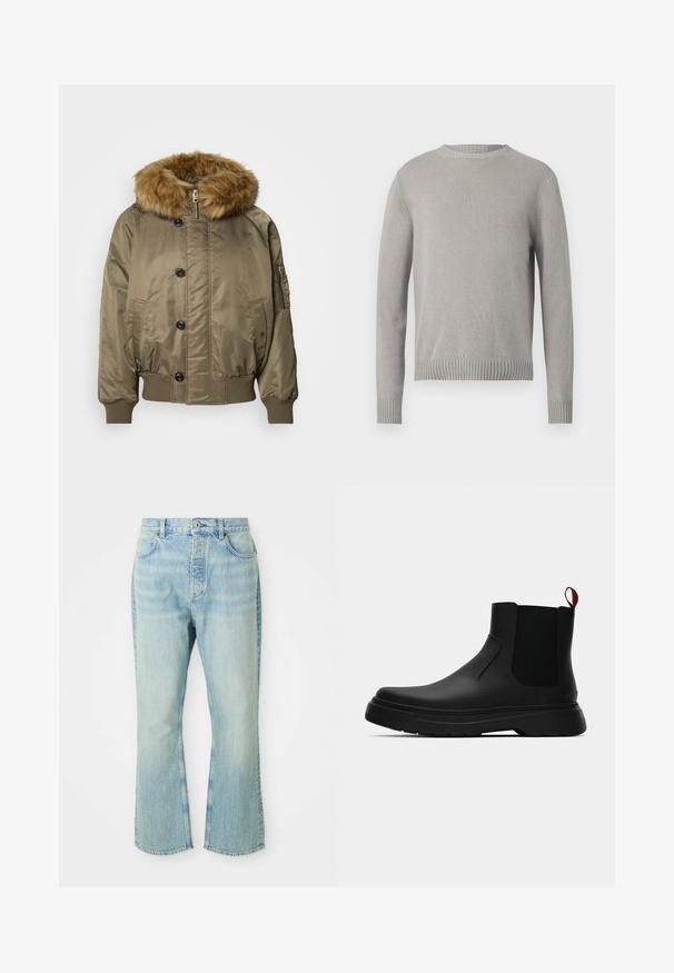 Casaco bomber verde-oliva com punhos e bainha canelados, botões frontais, fecho de zip, bolsos laterais e uma grande pala de capuz de pelúcia castanha destacável.; Suéter de malha cinza claro com decote redondo, punhos e bainha com canelados. Apresenta um tecido texturizado em uma cor sólida, sem padrões.; Jeans flare de denim azul claro com cintura alta, apresentando cinco bolsos, passantes para cinto e uma textura de lavagem desbotada.; Botim preto até ao tornozelo com um acabamento liso, painéis laterais elásticos e uma pega vermelha em contraste, com uma sola de borracha espessa e bico arredondado.