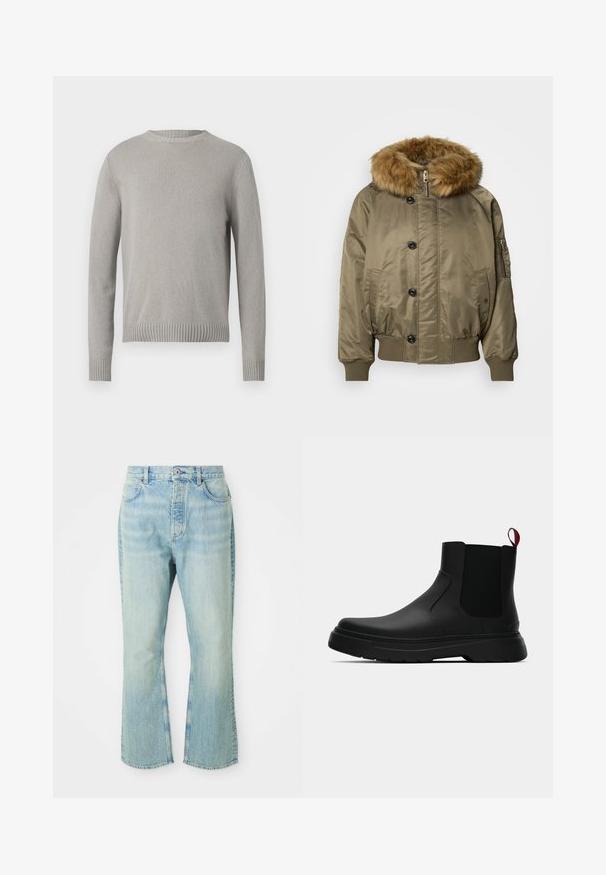 Giubbotto bomber verde oliva con polsini e orlo a coste, bottoni frontali, chiusura con zip, tasche laterali e un grande cappuccio in finta pelliccia marrone staccabile.; Maglione grigio chiaro lavorato a maglia con scollatura rotonda, polsini e orlo a coste. Presenta un tessuto testurizzato in un colore solidale senza motivi.; Jeans flared in denim azzurro chiaro con vita alta, dotati di cinque tasche, passanti per cintura e una texture di lavaggio sbiadito.; Stivale alla caviglia nero con finitura liscia, pannelli laterali elastici e un tab di presa rosso a contrasto, dotato di una suola in gomma spessa e punta arrotondata.