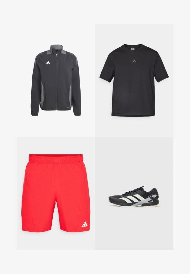 Schwarze Sportjacke mit grauen Akzenten, durchgehendem Reißverschluss, hohem Kragen und Seitentaschen. Verfügt über reflektierende Details und ein gesticktes Logo.; Schwarzes Sport-T-Shirt aus atmungsaktivem Material, mit kurzen Ärmeln, rundem Ausschnitt und einem reflexiven Logo auf der Brust.; Rote Sportshorts mit einem elastischen Bund, strukturiertem Stoff und einem weißen Adidas-Logo nahe dem Saum.; Schwarzer Sportschuh mit weißen Streifen, Obermaterial aus Mesh, runde Zehenform und gepolstertem Sohlenteil. Verfügt über eine strukturierte Ferse und ein sicheres Schnürsystem.