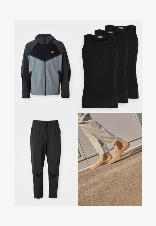 Nike kapucnis dzseki fekete és szürke színkombinációval, geometrikus mintázattal, cipzáros zsebekkel és egy kiemelkedő piros logóval a mellkason.; Fekete ujjatlan trikók három darabos kiszerelésben. Bordás textúra, klasszikus kerek nyakkivágás. Az alján kis márkajelzés található.; Fekete, könnyű anyagú nadrág, elasztikus derékkal, zsinórral, cipzáras oldalsó zsebekkel, formázott térddel és bokazippzárral.; Barna velúr Chelsea csizma, elasztikus oldalsó panelek és sima színezett gumitalp jellemzi, világosszürke nadrággal egy texturált felületen párosítva.