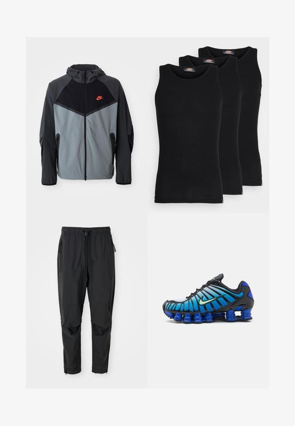 Nike huva jacka med svart och grå färgpalett, geometrisk design, dragkedjor på fickorna och en framträdande röd logotyp på bröstet.; Svarta linnen i ett paket med tre. Ribbad textur, standard rund halsringning, utan ärmar. Nederkant med liten logotyp i botten.; Svarta lätta byxor med elastisk midja, dragsko, fickor med dragkedja på sidorna, formade knän och dragkedjor vid anklarna.; Nike Sportswear SHOX TL - Sneakers - black/vapor green/racer blue