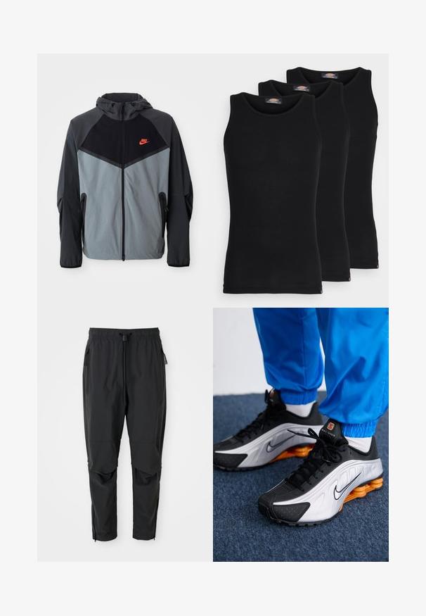 Nike hettejakke med svart og gråfarget design med geometriske mønstre, glidelåslommer og en fremtredende rød logo på brystet.; Sorte tanktopper i en pakke med tre. Ribbet tekstur, standard rund hals, uten ermer. Sømmen har en liten merkevarelogo nederst.; Svarte, lette bukser med elastisk midje, snor i midjen, glidelåslommer på siden, artikulerte knær og glidelåser ved ankelen.; Svarte og hvite joggesko med oransje detaljer, med et strømlinjeformet design, teksturerte materialer, mesh-overdel og fremtredende snørebånd.