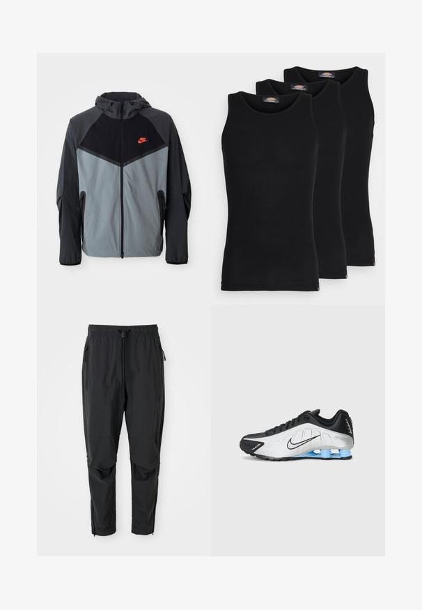 Nike hettejakke med svart og gråfarget design med geometriske mønstre, glidelåslommer og en fremtredende rød logo på brystet.; Sorte tanktopper i en pakke med tre. Ribbet tekstur, standard rund hals, uten ermer. Sømmen har en liten merkevarelogo nederst.; Svarte, lette bukser med elastisk midje, snor i midjen, glidelåslommer på siden, artikulerte knær og glidelåser ved ankelen.; Nike løpesko med en overdel i syntetisk materiale i svart og hvitt, teksturert design, og en blå gummisåle med støtdempende søyler.