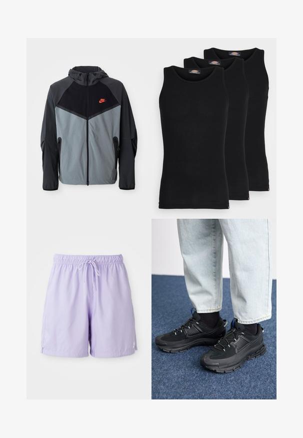 Nike kapuci jaka ar melnu un pelēku krāsu shēmu, ģeometrisku dizainu, ar rāvējslēdzēja kabatām un izteiktu sarkano logotipu uz krūšu zonas.; Melni bezpiedkakla topi trīs komplektā. Ribota tekstūra, standarta apaļā izgriezumā, bez piedurknēm. Apakšmalā ir neliela zīmola logo.; Ceriņu krāsas peldbikses, izgatavotas no viegla auduma, ar elastīgu jostu un auklu, sānu atverēm un nelielu logo akcentu.; Melni sporta apavi ar strukturētu audumu un gumijas zoli, ar elastīgām auklām un zilu akcentu uz papēža. Nēsāti ar gaišām džinsu biksēm.