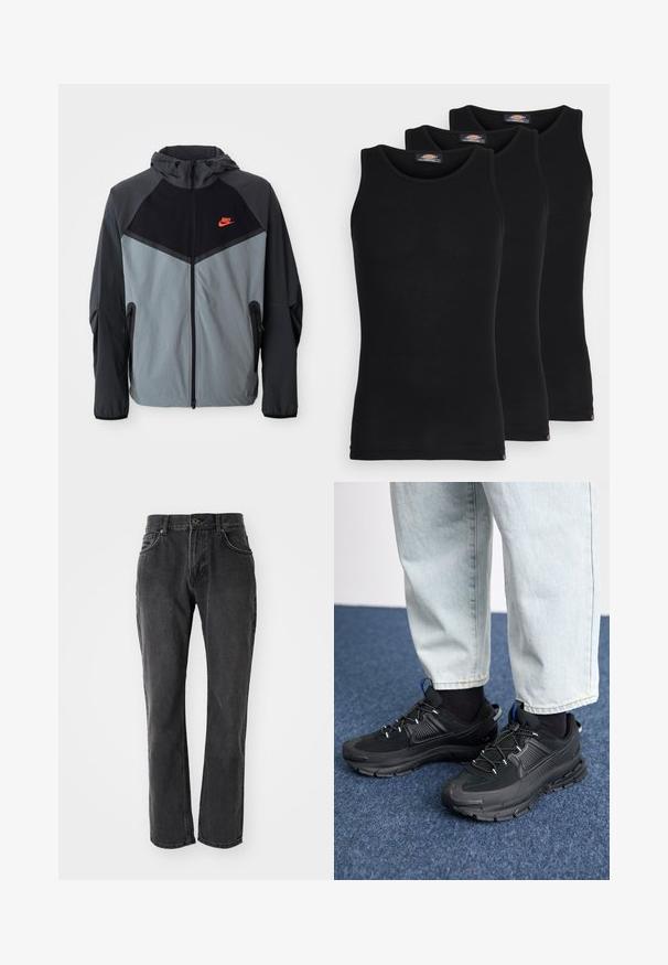 Nike hettejakke med svart og gråfarget design med geometriske mønstre, glidelåslommer og en fremtredende rød logo på brystet.; Sorte tanktopper i en pakke med tre. Ribbet tekstur, standard rund hals, uten ermer. Sømmen har en liten merkevarelogo nederst.; Sorte denimjeans med rett snitt, med fem lommer, knappelukking og broderte detaljer langs sømmene og lommene.; Svarte sportssko med teksturert stoff og gummisåler, med elastiske lisser og en blå detalj på hælen. Brukt med lyse denimbukser.
