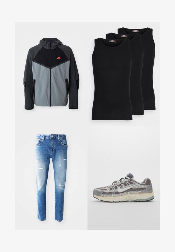 Nike huva jacka med svart och grå färgpalett, geometrisk design, dragkedjor på fickorna och en framträdande röd logotyp på bröstet.; Svarta linnen i ett paket med tre. Ribbad textur, standard rund halsringning, utan ärmar. Nederkant med liten logotyp i botten.; Blå denimjeans med en ljus till mörk gradient, slitna detaljer inklusive hål, fem fickor och en knappstängning vid midjan.; Grå atletiska sko med en överdel av mesh och mocka, vita accenter, en vadderad sula och en unik design med reflekterande element.