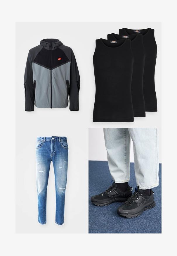 Nike kapuutsiga jakk, millel on must ja hall värvigamma koos geomeetrilise disainiga, lukuga taskud ja silmapaistev punane logo rinna peal.; Mustad mustasid maikat, pakis kolm tükki. Ribidega tekstuur, standardne ümardatud kaelus, ilma varrukateta. Hemil on all väike brändi logo.; Sinised teksad heledast tumedasse gradienti, kulumisjälgedega sealhulgas lõhed, viis taskut ja nööp kinnitamiseks vöökoht.; Mustad mustad jooksukingad, millel on tekstureeritud kangas ja kummist tallad, elastsed nöörid ning sinine aksent kandadel. Kandmine heledate teksadega.