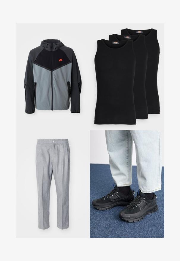 Nike kapucar s črno-sivo barvno shemo s geometrijskim vzorcem, žepi na zadrgo in opaznim rdečim logotipom na prsih.; Črne majice brez rokavov v paketu treh. Rebrasta struktura, standardni okrogel izrez, brez rokavov. Rob ima majhen logotip blagovne znamke na dnu.; Sive prugaste hlače s nabranim prednjim dijelom, izrađene od lagane tkanine. Imaju kopčanje na gumb i ravne nogavice.; Črne športne čevlje z teksturirano tkanino in gumijastimi podplati, ki imajo elastične vezalke ter modre poudarke na peti. Nosi se z lahkimi denim hlačami.