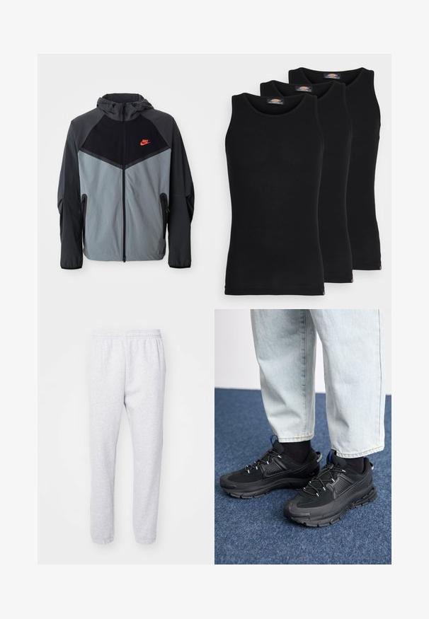 Nike mikina s kapucňou v čierno-sivej farebnej schéme s geometrickým dizajnom, so zipsovými vreckami a výrazným červeným logom na hrudi.; Čierne tielka v balení po troch kusoch. Ríflový povrch, klasický okrúhly výstrih, bez rukávov. Lem obsahuje malé logo značky na spodnej strane.; Svetlo šedé teplákové nohavice vyrobené z mäkkej bavlnenej zmesi, s elastickým pásom a priliehavými manžetami na členkoch. Žiadne viditeľné vzory ani logá.; Čierne športové topánky s textúrovanou tkaninou a gumovou podrážkou, so elastickými šnúrkami a modrým akcentom na päte. Nosia sa s svetlými riflami.