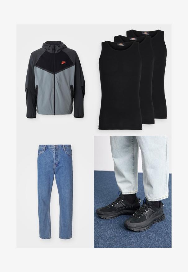 Veste à capuche Nike présentant un schéma de couleurs noir et gris avec un design géométrique, des poches zippées et un logo rouge proéminent sur la poitrine.; Débardeurs noirs vendus par pack de trois. Texture côtelée, encolure ras du cou standard, sans manches. L'ourlet présente un petit logo de la marque en bas.; Jean en denim bleu avec une coupe droite, dotée d'une fermeture éclair, de cinq poches et de détails de décoloration subtils. Ajustement classique à taille moyenne.; Des chaussures de sport noires avec un tissu texturé et des semelles en caoutchouc, dotées de lacets élastiques et d'un accent bleu au talon. Portées avec un pantalon en denim clair.