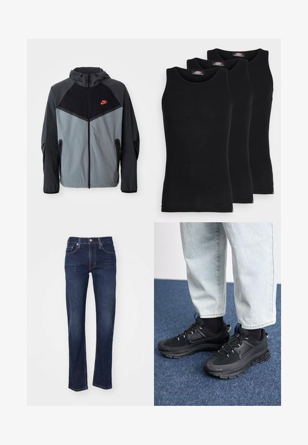 Nike hooded jacket featuring a black and grey color scheme with a geometric design, zippered pockets, and a prominent red logo on the chest.; Black tank tops in a pack of three. Ribbed texture, standard crew neckline, no sleeves. Hem features small brand logo at the bottom.; Dark blue denim jeans with a straight leg cut, featuring a traditional five-pocket design and stitched detailing on the seams.; Black athletic shoes with textured fabric and rubber soles, featuring elastic laces and a blue accent on the heel. Worn with light denim pants.