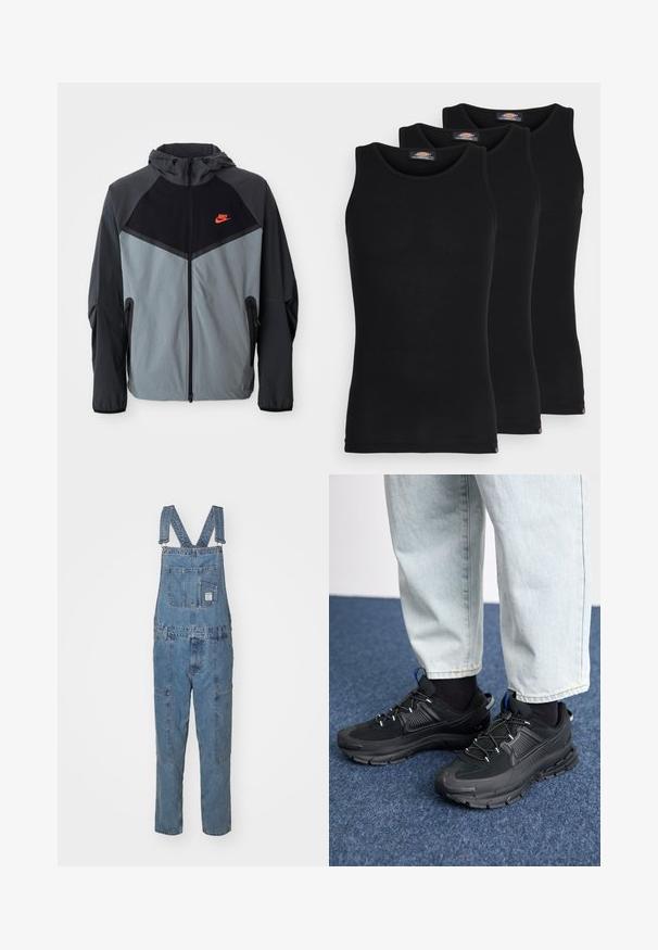 Nike kapucar s črno-sivo barvno shemo s geometrijskim vzorcem, žepi na zadrgo in opaznim rdečim logotipom na prsih.; Črne majice brez rokavov v paketu treh. Rebrasta struktura, standardni okrogel izrez, brez rokavov. Rob ima majhen logotip blagovne znamke na dnu.; Denim salopete v svetlo modri barvi z nastavljivimi naramnicami, več žepi in ravnim krojem hlač. Vključuje oznako blagovne znamke na sprednji strani.; Črne športne čevlje z teksturirano tkanino in gumijastimi podplati, ki imajo elastične vezalke ter modre poudarke na peti. Nosi se z lahkimi denim hlačami.