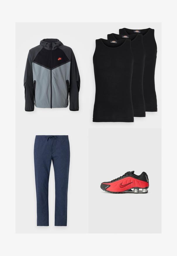 Nike hooded jacket featuring a black and grey color scheme with a geometric design, zippered pockets, and a prominent red logo on the chest.; Black tank tops in a pack of three. Ribbed texture, standard crew neckline, no sleeves. Hem features small brand logo at the bottom.; Navy blue pants made of lightweight fabric, featuring an elastic waistband with a drawstring and straight leg design.; Nike running shoes featuring a red and black design, synthetic upper, textured patterns, and silver shock-absorbing heel elements.
