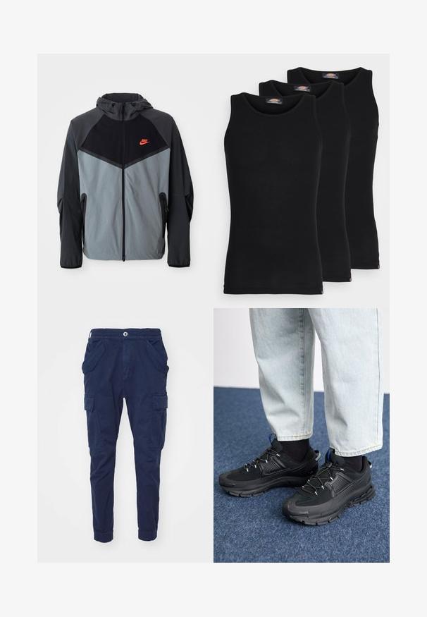 Nike huppari, jossa on musta ja harmaa värimaailma, geometrinen muotoilu, vetoketjulliset taskut ja näkyvä punainen logo rintamuksessa.; Mustat hihattomat t-paidat kolmessa paketissa. Ribbed-kudontaa, tavallinen crew-kaarroke, ilman hihoja. Helmaosa sisältää pienen brändilogon alareunassa.; Meripuserot, jotka on valmistettu puuvillasta, elastisella vyötäröllä, kahdella sivutaskulla ja cargo-taskuilla jokaisessa jalassa. Kapeneva malli nilkasta.; Mustat urheilukengät, joissa on teksturoitu kangas ja kumipohjat, elastiset nauhat ja sininen yksityiskohta kannassa. Yhdistetty vaaleisiin farkkuihin.