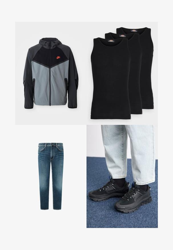 Nike huppari, jossa on musta ja harmaa värimaailma, geometrinen muotoilu, vetoketjulliset taskut ja näkyvä punainen logo rintamuksessa.; Mustat hihattomat t-paidat kolmessa paketissa. Ribbed-kudontaa, tavallinen crew-kaarroke, ilman hihoja. Helmaosa sisältää pienen brändilogon alareunassa.; Farkkuhousut, joissa on keskilevyn sininen pesu, suora lahje, viisi taskua ja kontrastivärinen ommel. Siisti viimeistely helmassa.; Mustat urheilukengät, joissa on teksturoitu kangas ja kumipohjat, elastiset nauhat ja sininen yksityiskohta kannassa. Yhdistetty vaaleisiin farkkuihin.