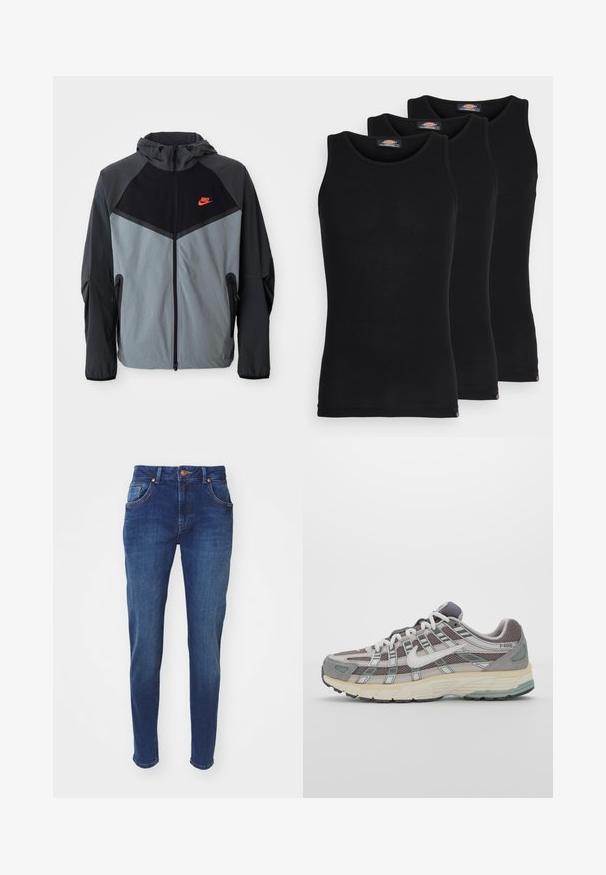 Nike kapucar s črno-sivo barvno shemo s geometrijskim vzorcem, žepi na zadrgo in opaznim rdečim logotipom na prsih.; Črne majice brez rokavov v paketu treh. Rebrasta struktura, standardni okrogel izrez, brez rokavov. Rob ima majhen logotip blagovne znamke na dnu.; Temno modri kavbojki z naravnim krojem, petimi žepi in zapiranjem z bakreno gumbom. Svetlo drgnjenje doda teksturo.; Sive športne čevlje z zgornjim delom iz mrežastega in semiš materiala, belimi akcenti, oblazinjenim podplatom ter edinstvenim dizajnom z odsevnimi elementi.