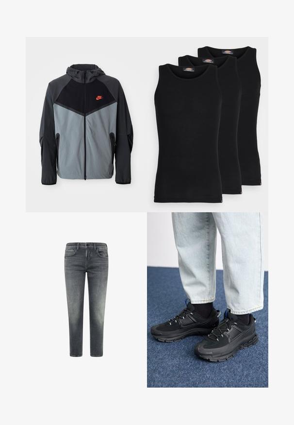 Nike kapucar s črno-sivo barvno shemo s geometrijskim vzorcem, žepi na zadrgo in opaznim rdečim logotipom na prsih.; Črne majice brez rokavov v paketu treh. Rebrasta struktura, standardni okrogel izrez, brez rokavov. Rob ima majhen logotip blagovne znamke na dnu.; Sive hlače iz denima s ravnim krojem; vsebujejo pet žepov, subtilno gubanje in zbledel videz. Zapiranje vključuje gumb in zadrgo.; Črne športne čevlje z teksturirano tkanino in gumijastimi podplati, ki imajo elastične vezalke ter modre poudarke na peti. Nosi se z lahkimi denim hlačami.