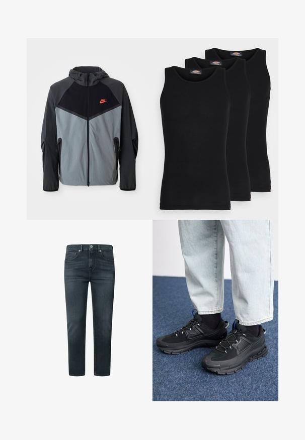 Nike kapucar s črno-sivo barvno shemo s geometrijskim vzorcem, žepi na zadrgo in opaznim rdečim logotipom na prsih.; Črne majice brez rokavov v paketu treh. Rebrasta struktura, standardni okrogel izrez, brez rokavov. Rob ima majhen logotip blagovne znamke na dnu.; Temno sivi traperji z ravnim krojem, pet žepov, z gumbom in zadrgo ter subtilnimi šivi.; Črne športne čevlje z teksturirano tkanino in gumijastimi podplati, ki imajo elastične vezalke ter modre poudarke na peti. Nosi se z lahkimi denim hlačami.