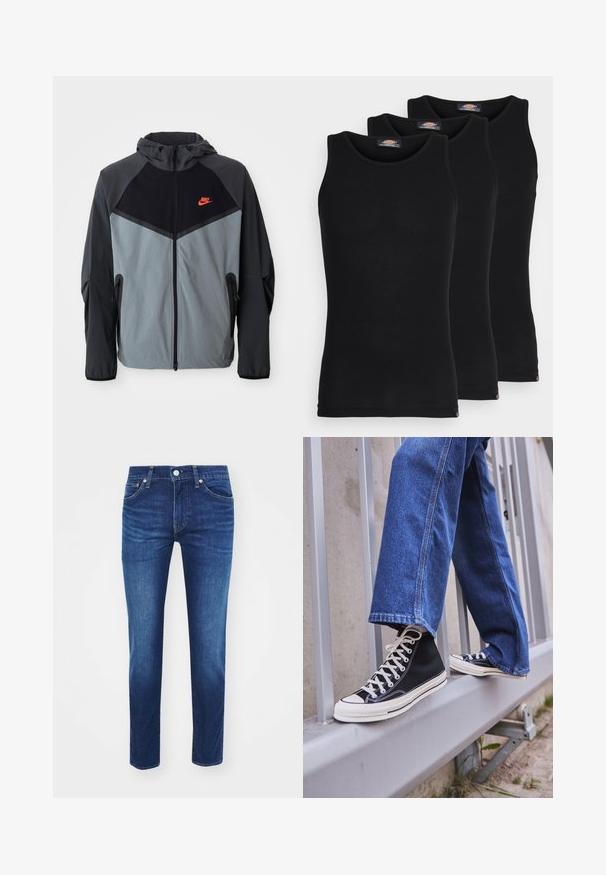 Nike jakna s kapuljačom u crno-sivoj boji s geometrijskim uzorkom, zatvorenim džepovima i istaknutim crvenim logotipom na prsima.; Crne majice na naramenice u pakiranju od tri komada. Rebrasta tekstura, standardni okrugli izrez, bez rukava. Rub sadrži mali logo brenda na dnu.; Tamno plave traperice s ravnim nogavicama, pet džepova i kopčanjem na dugme, s kontrastnim šavovima i suptilnim izblijeđenim dijelovima.; Crne visoke tenisice s bijelim potplatom i vezicama, u kombinaciji s širokim plavim trapericama, naslonjene na sivi ogradu.