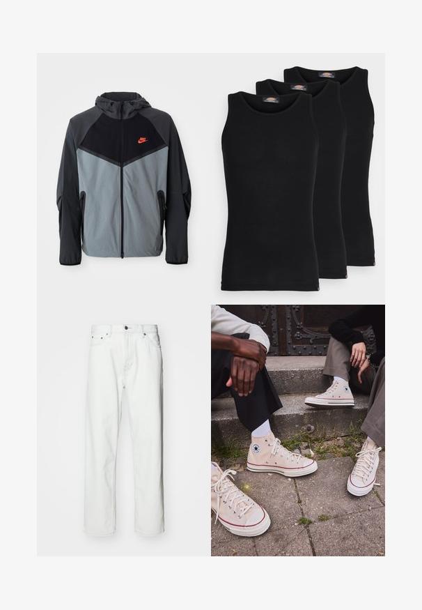 Nike jakna s kapuljačom u crno-sivoj boji s geometrijskim uzorkom, zatvorenim džepovima i istaknutim crvenim logotipom na prsima.; Crne majice na naramenice u pakiranju od tri komada. Rebrasta tekstura, standardni okrugli izrez, bez rukava. Rub sadrži mali logo brenda na dnu.; Bijele traperice s ravnim krojem, dizajnom s pet džepova, zatvaranjem na dugme i suptilnim detaljima šivanja. Glatka tekstura i minimalistički stil.; Bež visoke platnene tenisice s crvenom prugom, bijelim gumenim potplatom i metalnim rupicama, s poznatim logom zvijezde sa strane.