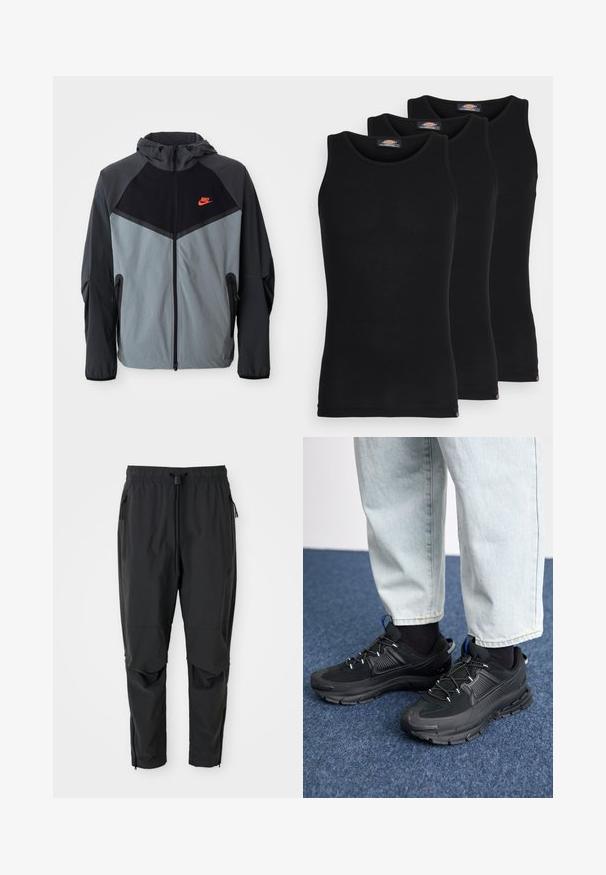 Nike kapuutsiga jakk, millel on must ja hall värvigamma koos geomeetrilise disainiga, lukuga taskud ja silmapaistev punane logo rinna peal.; Mustad mustasid maikat, pakis kolm tükki. Ribidega tekstuur, standardne ümardatud kaelus, ilma varrukateta. Hemil on all väike brändi logo.; Mustad mustad püksid elastse vöökoha, tõmbluku küljetaskute, artikeeritud põlvede ja pahkluude tõmblukkudega.; Mustad mustad jooksukingad, millel on tekstureeritud kangas ja kummist tallad, elastsed nöörid ning sinine aksent kandadel. Kandmine heledate teksadega.