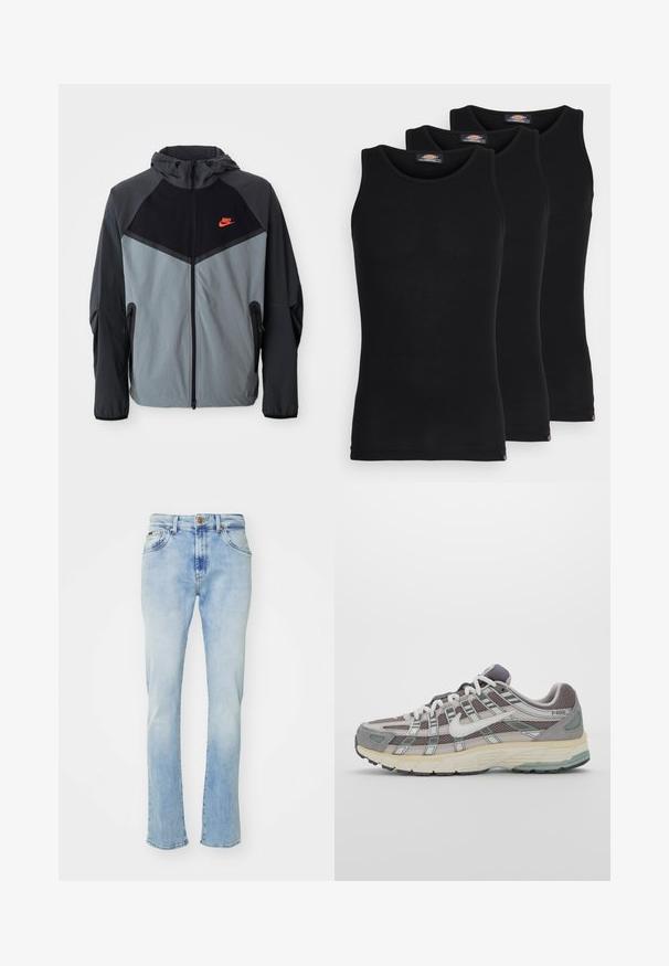 Nike kailinio džemperio striukė, pasižyminti juodos ir pilkos spalvų schemomis su geometriniu raštu, užtrauktukais užsegamomis kišenėmis ir ryškiu raudonu logotipu ant krūtinės.; Juodi maikutai trijų pakuotėje. Raštuota tekstūra, standartinė apvalia iškirpte, be rankovių. Apačia papuošta mažuoju prekės ženklu.; Šviesiai mėlynos džinsinės kelnės su tiesiu kirpimu, turinčios penkias kišenes, mygtukų užsegimą ir subtilų išblukimą ant šlaunų bei apvado.; Pilkas sportinis batas su tinklu ir zomšos viršutine dalimi, baltomis detalėmis, paminkštintu padu ir išskirtiniu dizainu su atspindinčiais elementais.