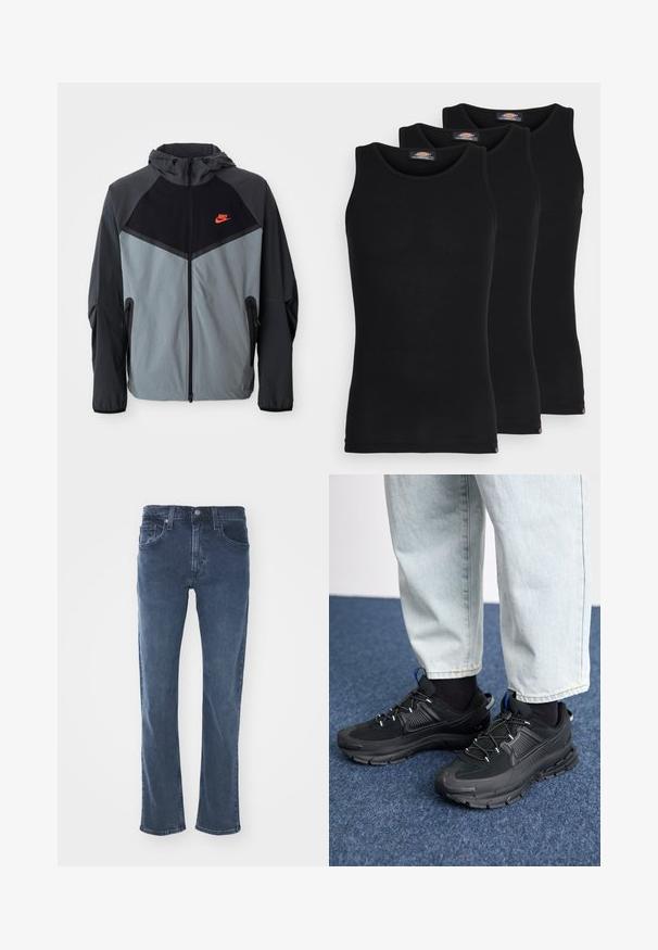 Nike hettejakke med svart og gråfarget design med geometriske mønstre, glidelåslommer og en fremtredende rød logo på brystet.; Sorte tanktopper i en pakke med tre. Ribbet tekstur, standard rund hals, uten ermer. Sømmen har en liten merkevarelogo nederst.; Mørkeblå denimjeans med rett snitt, fem lommer, diskrete sømdetaljer og en klassisk linning med knappelukking.; Svarte sportssko med teksturert stoff og gummisåler, med elastiske lisser og en blå detalj på hælen. Brukt med lyse denimbukser.