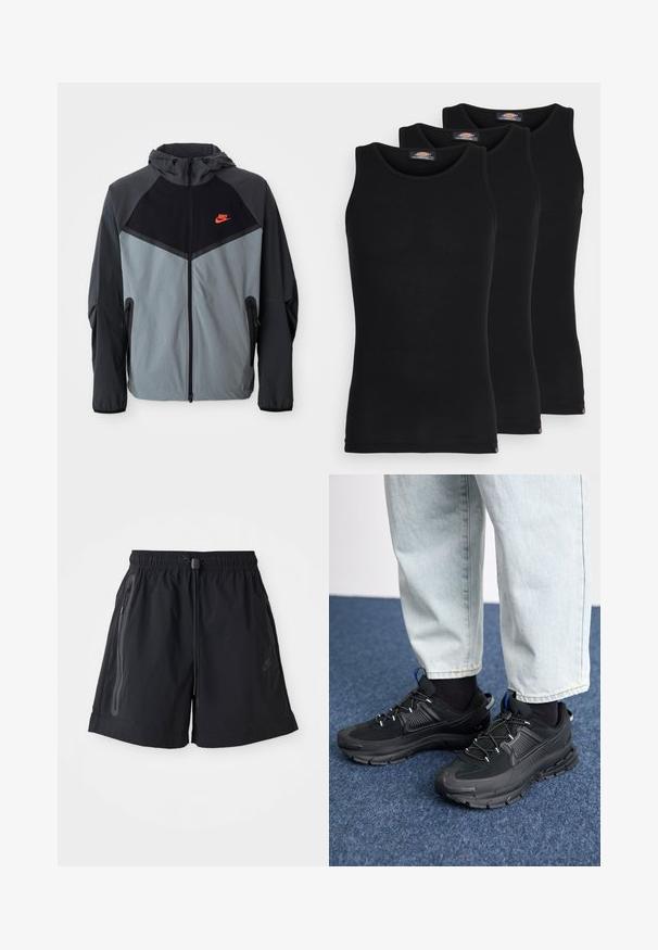 Nike kailinio džemperio striukė, pasižyminti juodos ir pilkos spalvų schemomis su geometriniu raštu, užtrauktukais užsegamomis kišenėmis ir ryškiu raudonu logotipu ant krūtinės.; Juodi maikutai trijų pakuotėje. Raštuota tekstūra, standartinė apvalia iškirpte, be rankovių. Apačia papuošta mažuoju prekės ženklu.; Juodos šortai su elastinga juosta, reguliuojamu raišteliu ir dviem šoninėmis užtrauktukų kišenėmis. Pasižymi lygiu audiniu ir subtiliu logotipo akcentu.; Juodi sportiniai bateliai su tekstūruota medžiaga ir guminiais padais, su elastingomis raišteliais ir mėlynu akcentu ant kulno. Dėvimi su šviesiai mėlynomis džinsinėmis kelnėmis.