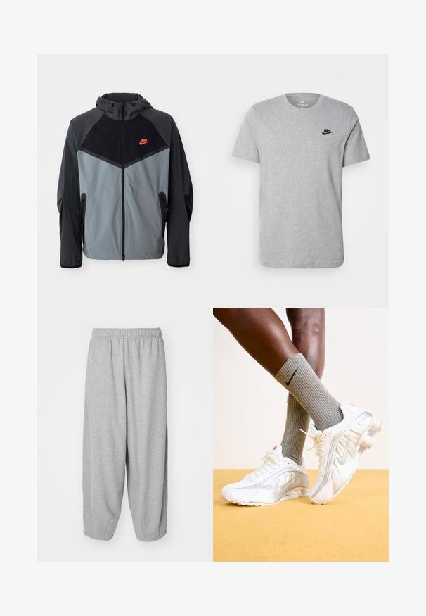 Nike kapuutsiga jakk, millel on must ja hall värvigamma koos geomeetrilise disainiga, lukuga taskud ja silmapaistev punane logo rinna peal.; Halli lühikeste varrukatega T-särk, mis on valmistatud puuvillast ja millel on rinnal must Nike'i logo ning ümar kaelus. Minimalistlik disain, ilma mustriteta.; Heledad hallid, lõdva istuvusega treeningpüksid, mis on valmistatud pehmest kangast. Elastsest materjalist vöökoht ja soonikud pahkluude juures. Lihtne ja kaunistusteta disain.; Nike tenisijad valgetes toonides, hõbedaste aktsentidega, tekstureeritud paneelide ja perforatsioonidega. Koos hallide ribadega sokkidega, kollasel taustal.