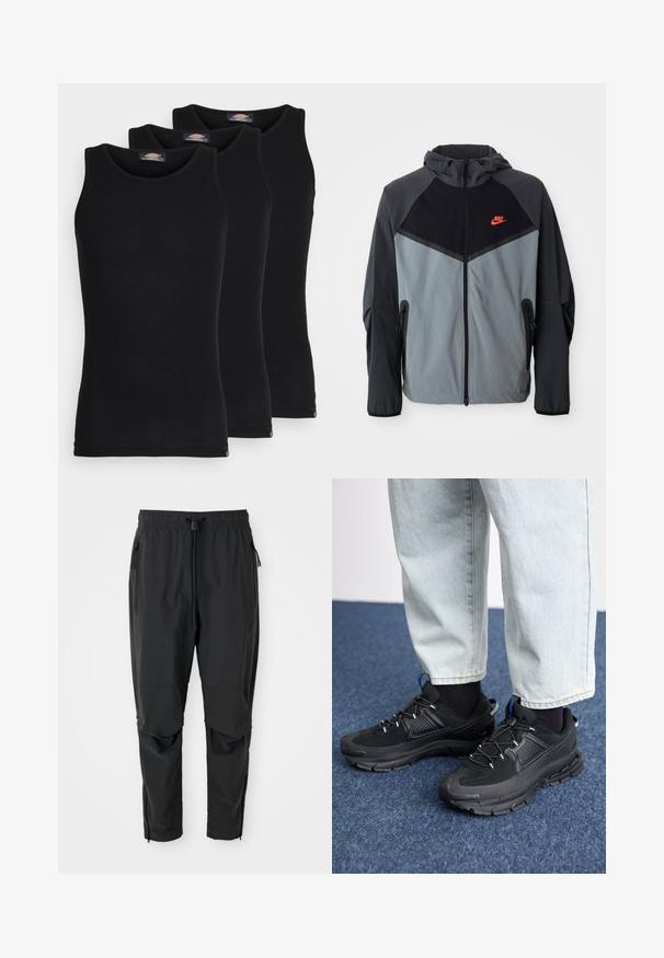 Nike hettejakke med svart og gråfarget design med geometriske mønstre, glidelåslommer og en fremtredende rød logo på brystet.; Sorte tanktopper i en pakke med tre. Ribbet tekstur, standard rund hals, uten ermer. Sømmen har en liten merkevarelogo nederst.; Svarte, lette bukser med elastisk midje, snor i midjen, glidelåslommer på siden, artikulerte knær og glidelåser ved ankelen.; Svarte sportssko med teksturert stoff og gummisåler, med elastiske lisser og en blå detalj på hælen. Brukt med lyse denimbukser.