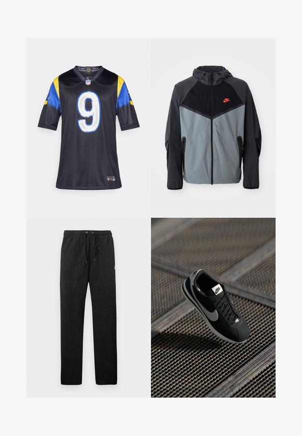Nike jakna s kapuljačom u crno-sivoj boji s geometrijskim uzorkom, zatvorenim džepovima i istaknutim crvenim logotipom na prsima.; Crni NFL dres s kratkim rukavima, plavim i žutim detaljima, s velikim bijelim brojem 9 sprijeda i logotipima momčadi na ovratniku.; Crne trenirke od flisa, s elastičnim pojasom i vezicama, dva prednja džepa i mali logo na butini.; Crna Nike tenisica s sivim akcentima, materijali od suède i mrežice, teksturirana potplata, uski oblik i klasični vezivanje.