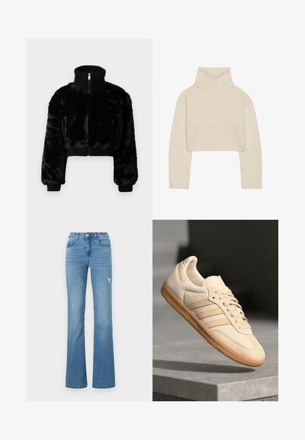 Korte zwarte faux fur jas met een hoge kraag, geribbelde manchetten en een ritssluiting aan de voorkant. Beschikt over een cropped ontwerp en een zachte textuur.; Crème-kleurig cropped trui met een hoge hals, een gebreide textuur en mouwen met een visgraatpatroon. Gemaakt van zacht garen.; Lichtblauwe flared jeans van denim, met een hoge taille, vijf zakken en subtiele versleten details op de benen.; Lichtbeige suède sneaker met een gumrubberen buitenzool, drie diagonale strepen en een textuur op de neus. Voorzien van een logo op de tong en de zijkant.