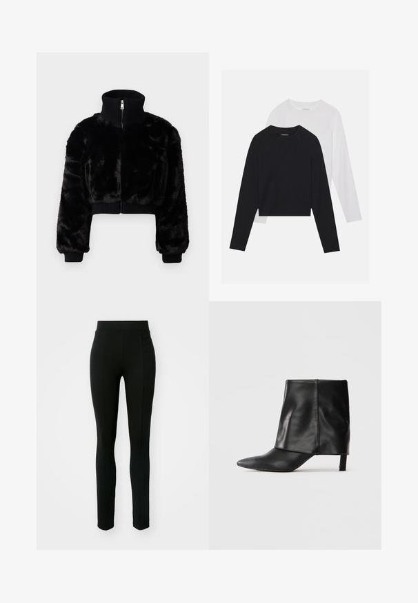 Kort svart faux fur-jakke med høy krage, ribgede mansjetter og glidelås foran. Har et cropped design og myk tekstur.; To lange ermerte skjorter: en svart og en hvit. Begge har rund hals, raglanermer og er laget av en myk bomullsblanding.; Svart leggings laget av elastisk materiale, med høy midje, slim fit, og to bestemmer lommer uten synlige sømmer.; Svart skinnhalvstøvlett med spiss tå, brettet øvre skaft og slank lav hæl som står på hvit bakgrunn.