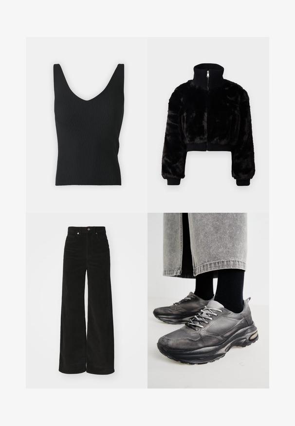 Giacca nera corta in pelliccia sintetica con colletto alto, polsini a coste e zip frontale. Caratterizzata da un design corto e una texture morbida.; Canotta nera a coste con scollatura a V profonda e spalline larghe. Tessuto liscio, silhouette aderente e senza decorazioni visibili.; Pantaloni wide-leg in corduroy neri con vita alta, dotati di due tasche frontali e chiusura con bottone metallico. Tessuto testurizzato con righe verticali.; Le scarpe da ginnastica nere e grigie presentano una tomaia in rete, suole spesse e lacci. Hanno una punta arrotondata e un dettaglio di ammortizzazione visibile.